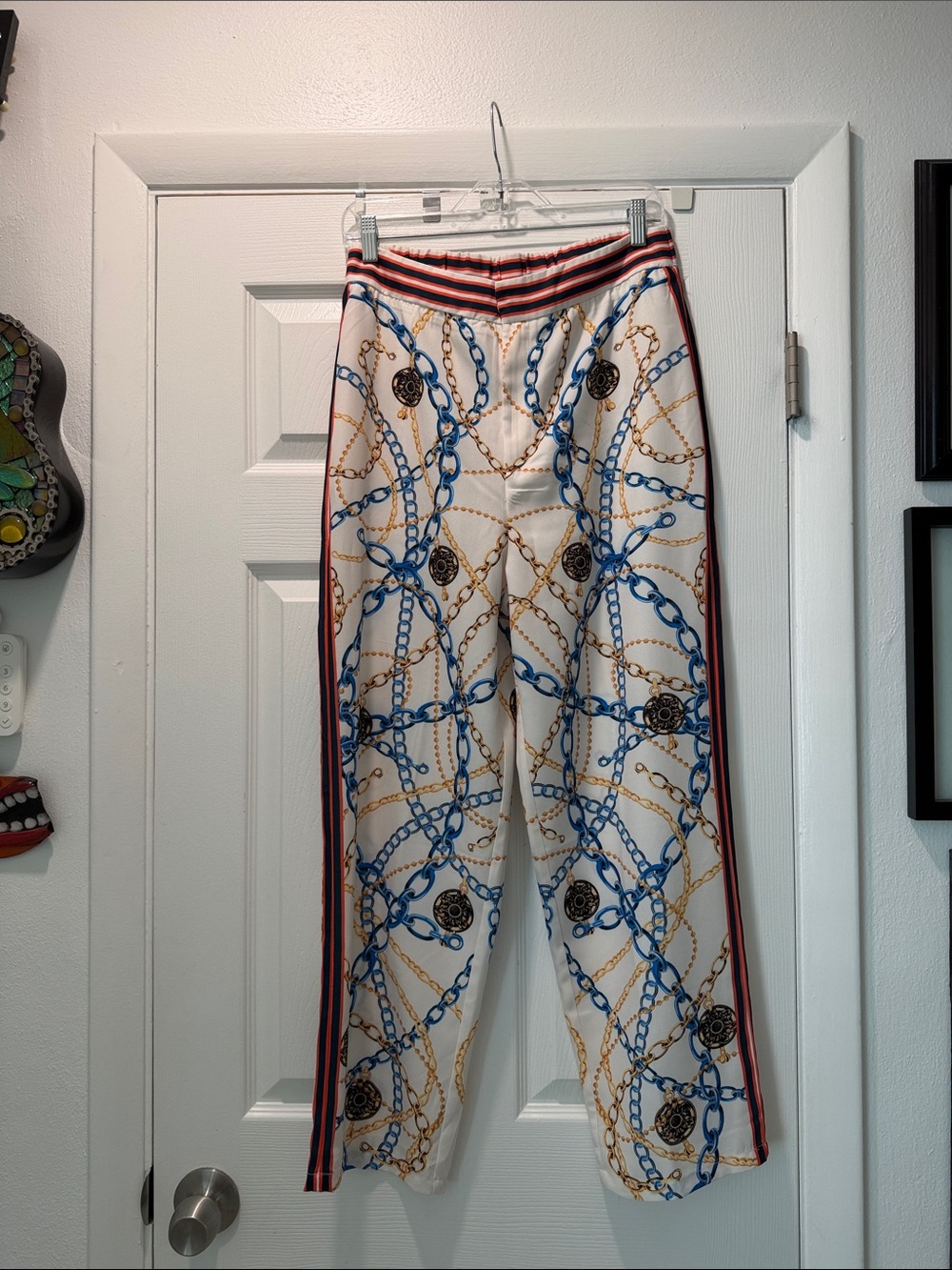 Jealous Tomato White Joggers with Blue and Gold Chain Print